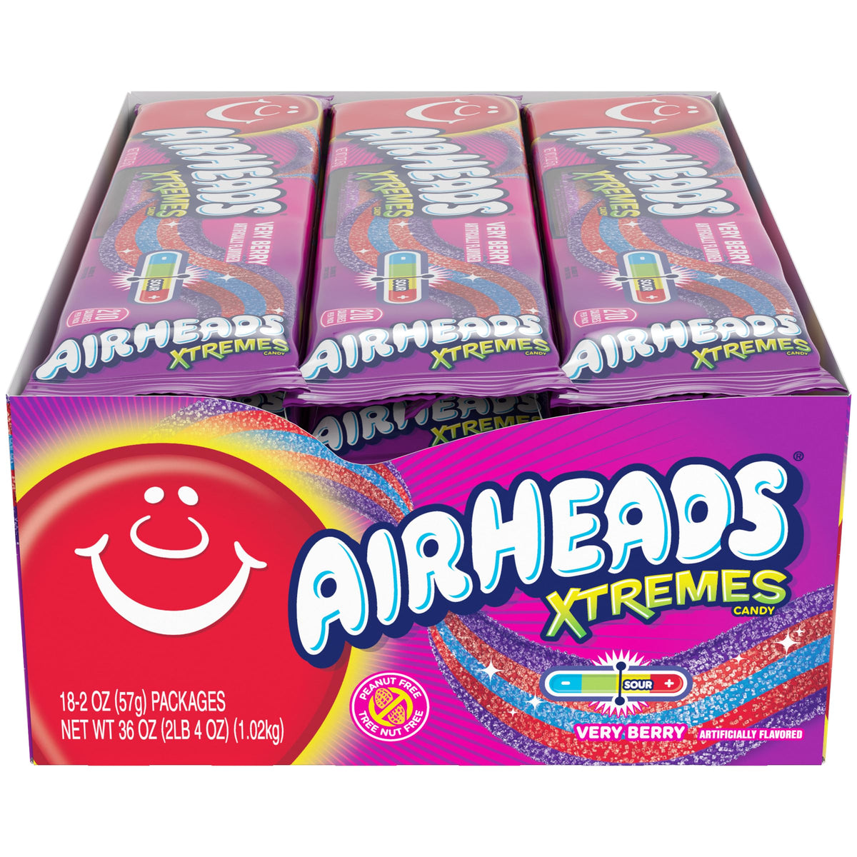 Airheads Xtremes Very Berry belt candy close-up, non-melting fun for outdoor events.
