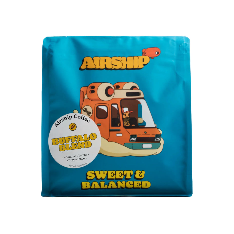 Airship Coffee Buffalo Blend bag preserves freshness for daily brewing.
