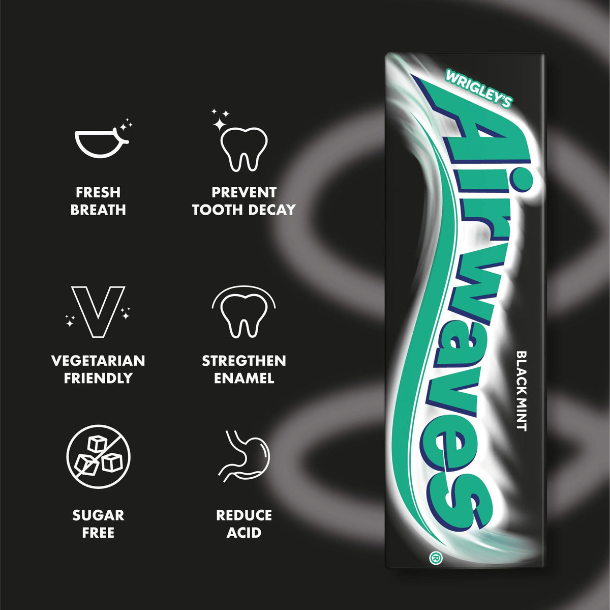 AirWaves Wrigley Black Mint gum pack of 30, sugar-free option.
