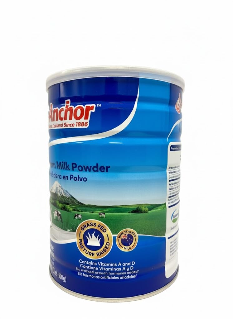 Aiva Anchor full cream milk powder 900g tin back label displays nutrition facts and authenticity.