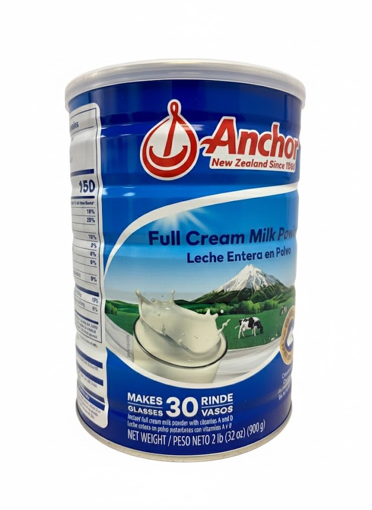 Aiva Anchor full cream milk powder 900g tin side highlights premium ingredients and no additives.