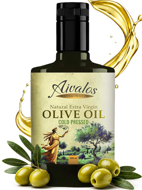 AIVALOS olive oil bottle visible on table for dipping and dressing