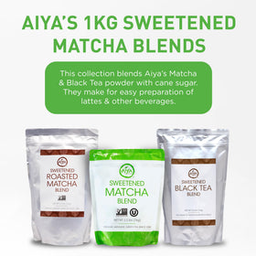 1kg AIYA Sweetened Matcha bag on a kitchen counter for extended supply.