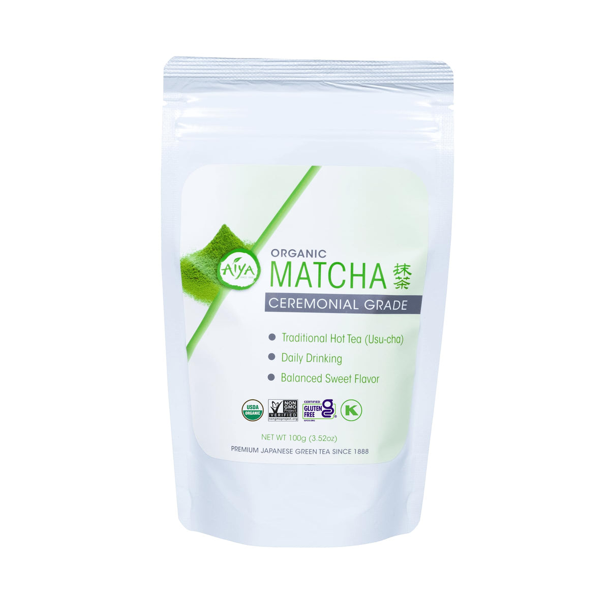 AIYA ceremonial matcha powder in a jar highlighting organic quality and premium craftsmanship