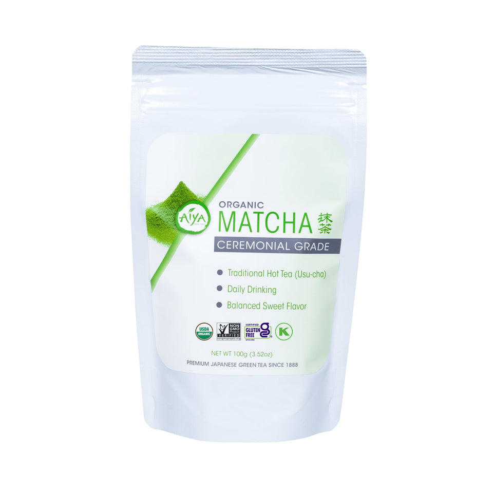 AIYA ceremonial matcha powder in a jar highlighting organic quality and premium craftsmanship