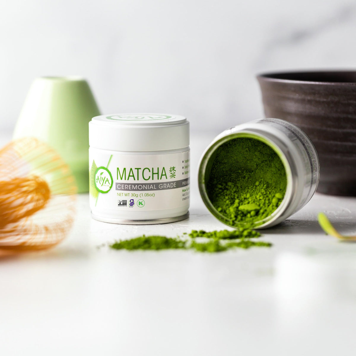 AIYA matcha bowl and whisk ready for ceremonial-use with balanced flavor