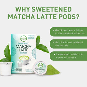 AIYA vanilla-sweetened matcha latte pod close-up highlighting flavor.