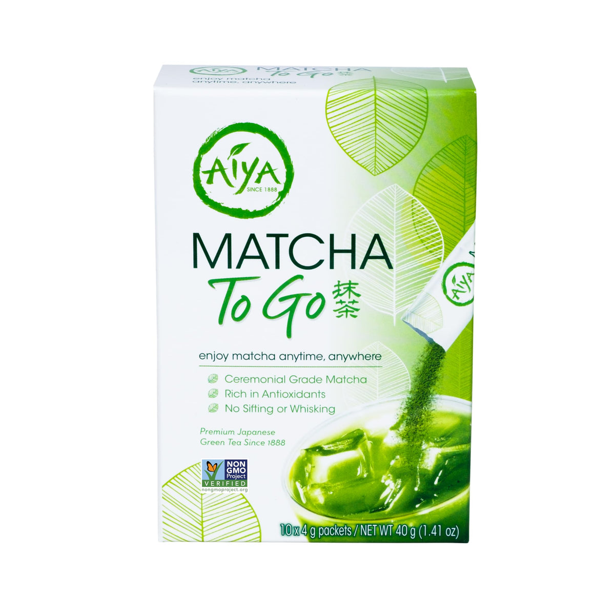 AIYA Matcha To Go box front showcases premium ceremonial-grade packaging for on-the-go tea.