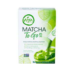 AIYA Matcha To Go box front showcases premium ceremonial-grade packaging for on-the-go tea.