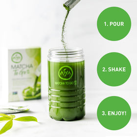 AIYA Matcha To Go ceremonial-grade powder close-up highlights vibrant green color.