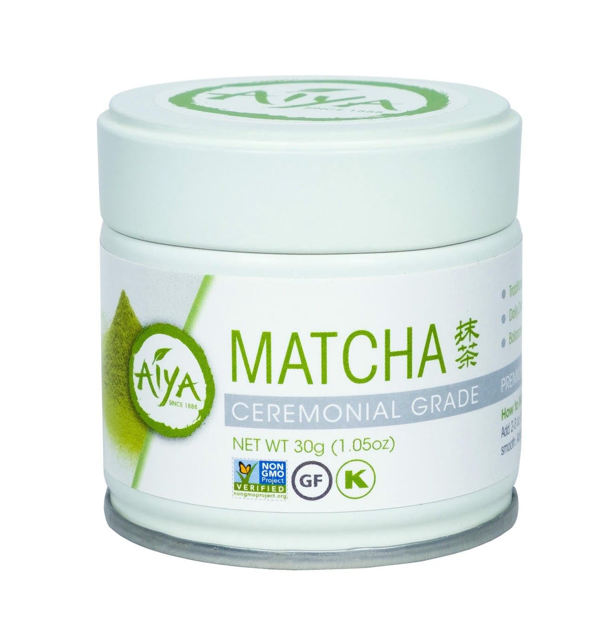 AIYA ceremonial-grade matcha tin 30g on display for authentic ceremony