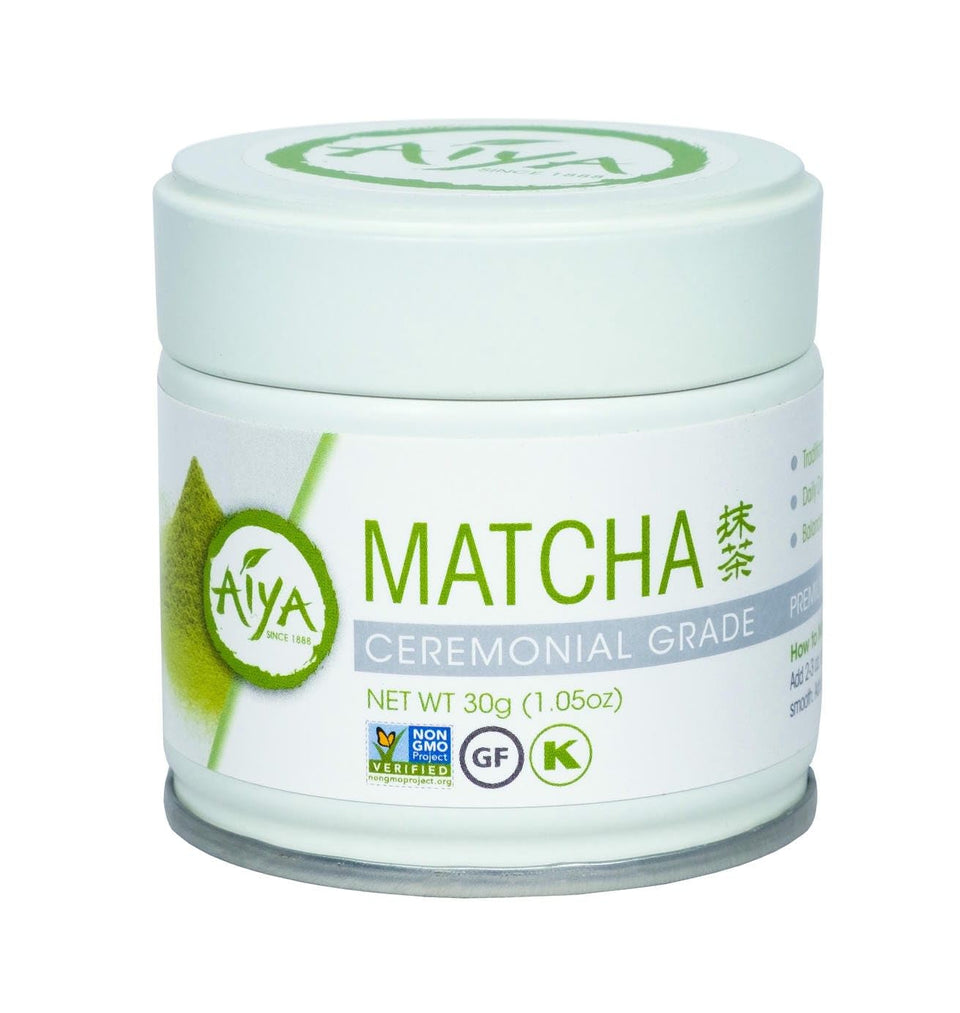 AIYA ceremonial-grade matcha tin 30g on display for authentic ceremony