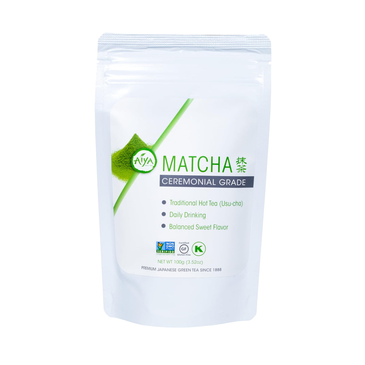 Aiya ceremonial matcha powder bag ready for whisking in hot water.