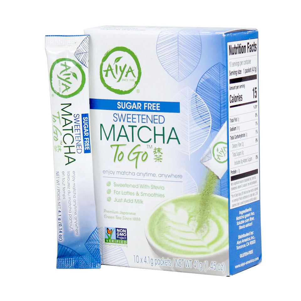 AIYA Sugar-Free Matcha To Go Stick package shows convenient single servings.