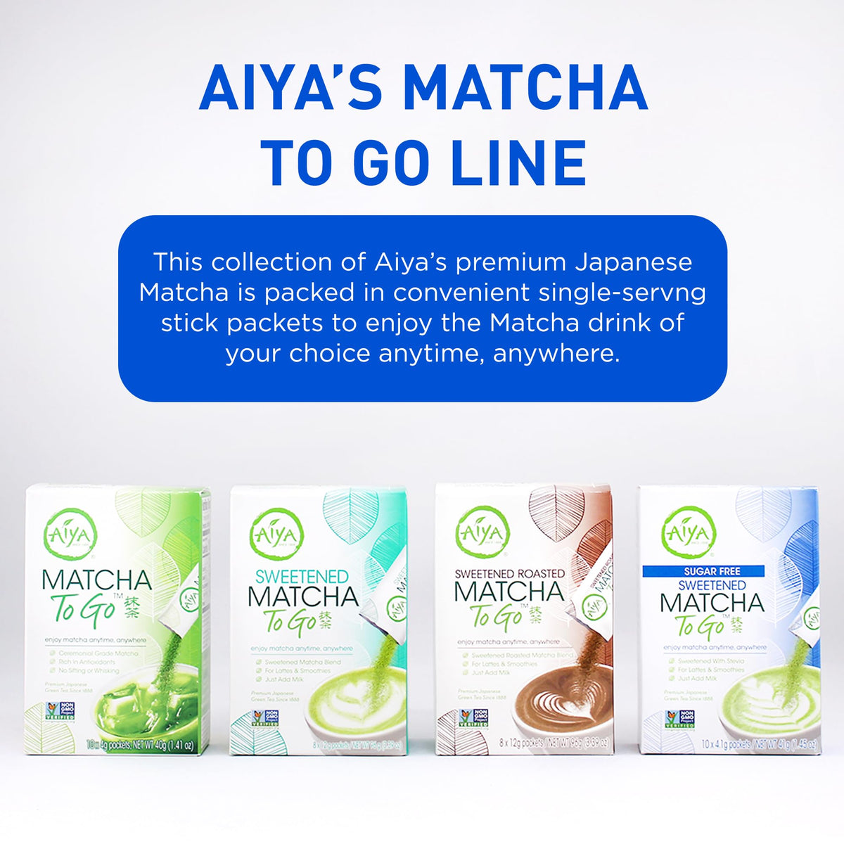 AIYA Sugar-Free Matcha To Go Stick single-serving sachet ideal for on-the-go boosts.