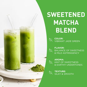 Measuring scoop of AIYA sweetened matcha powder ready for easy recipes.