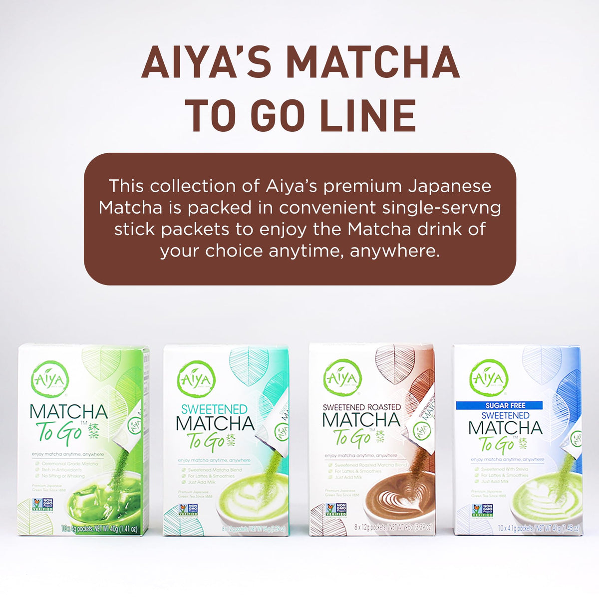 AIYA Sweetened Roasted Matcha To Go eight-pack box ready for busy mornings