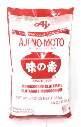 Ajinomoto Aji-No-Moto umami seasoning jar boosts savory depth for soups and stir-fries.