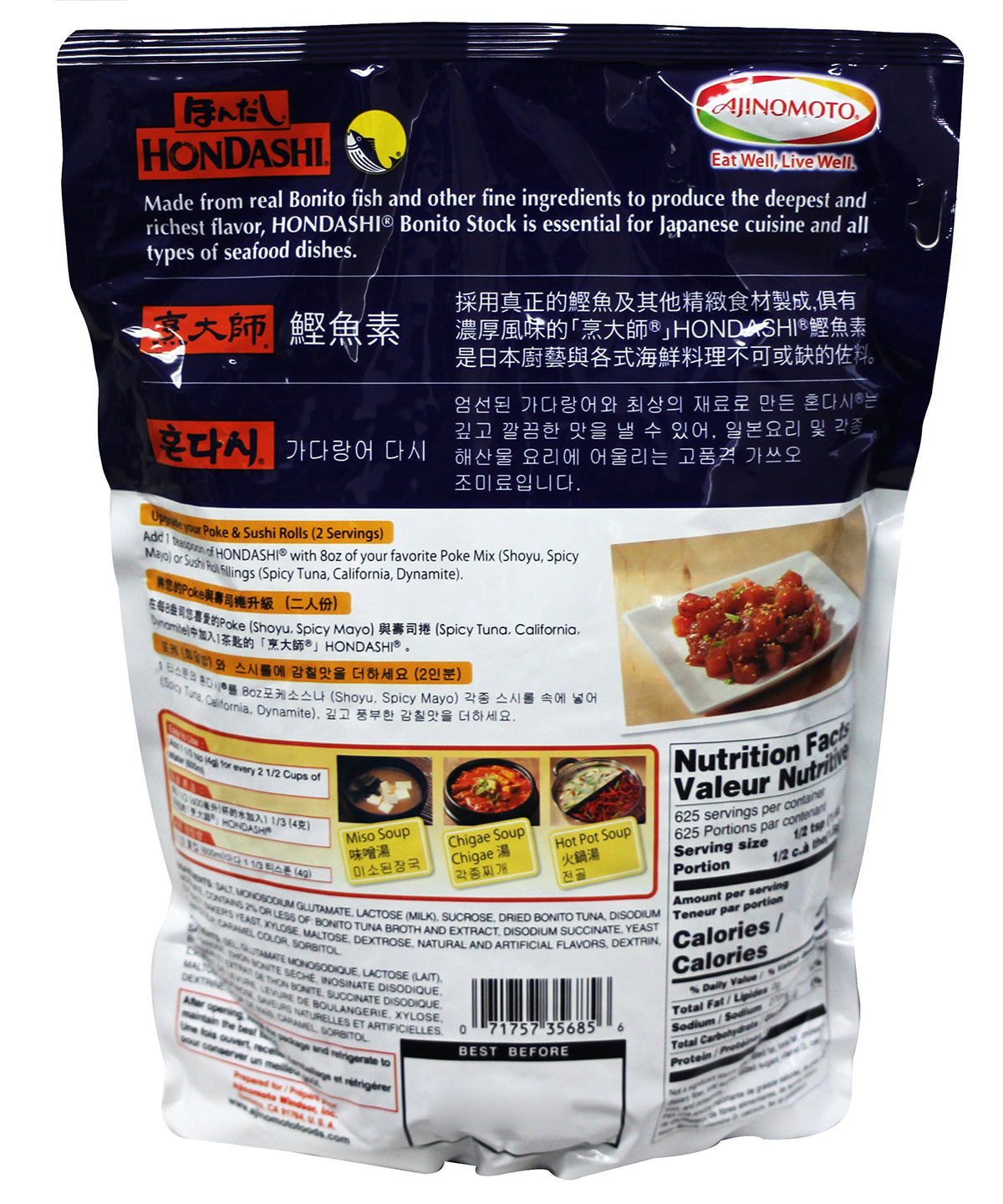 Ajinomoto Hondashi Bonito powder pour creates quick dashi for soups.