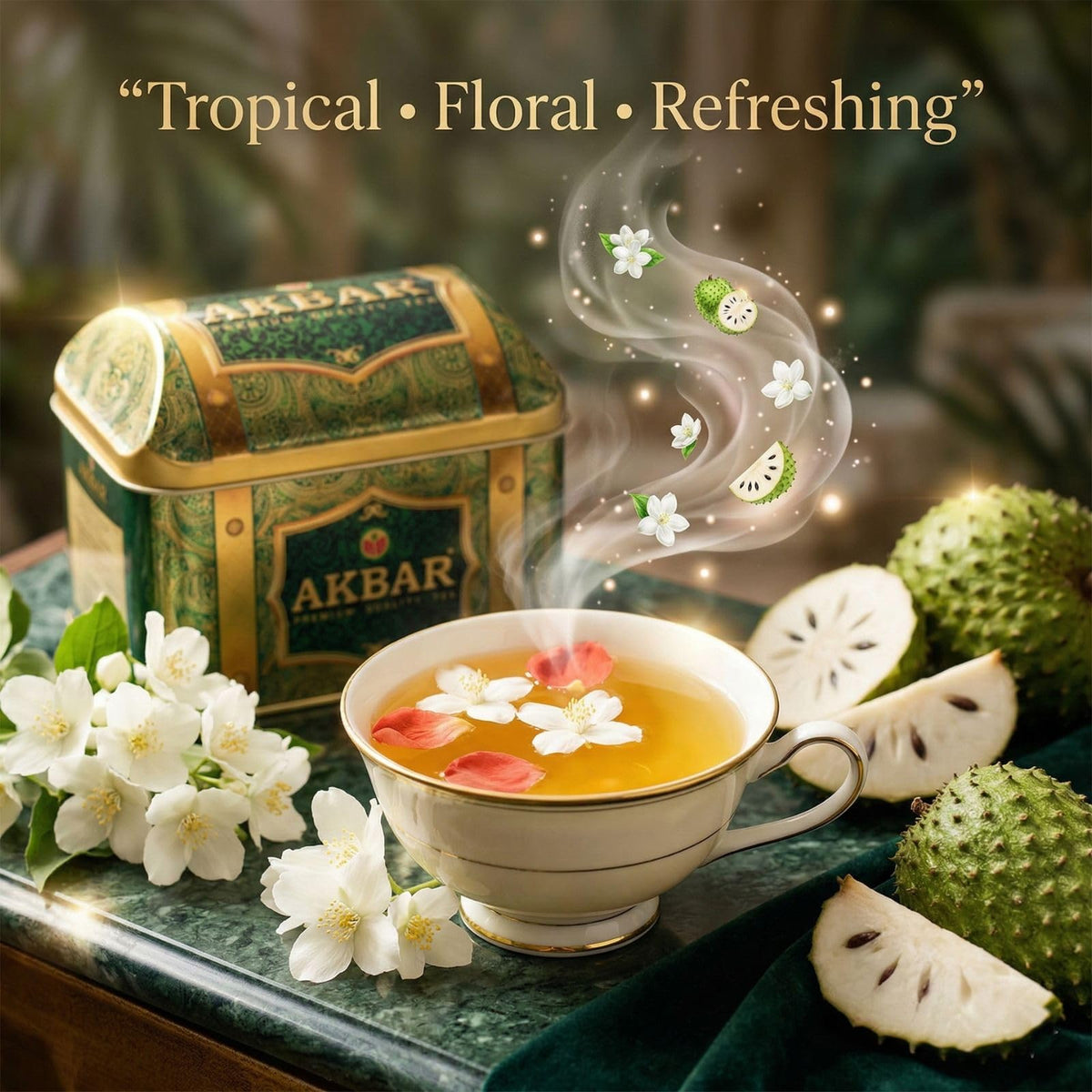 Akbar Rich Soursop Green Tea Blend offers tropical aroma with balanced depth for an afternoon cup.