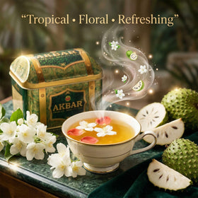 Akbar Rich Soursop Green Tea Blend offers tropical aroma with balanced depth for an afternoon cup.