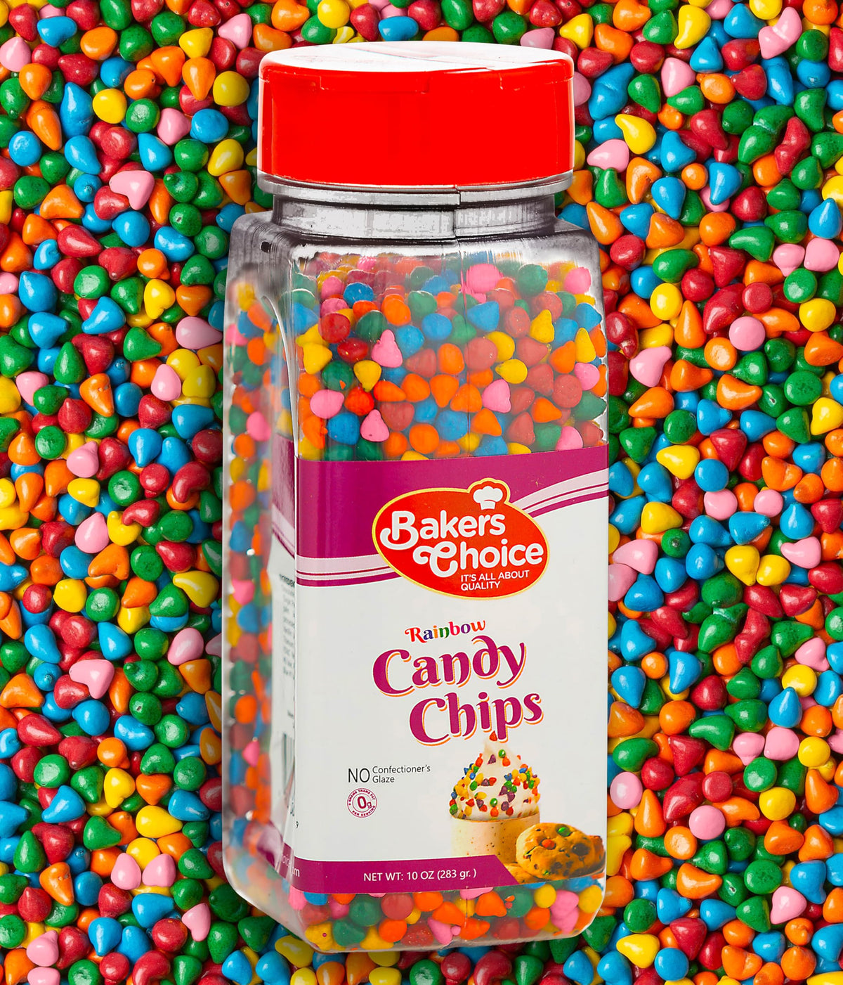 Baker's Choice Rainbow Candy Chips pack shot showing dairy-free and kosher certification.