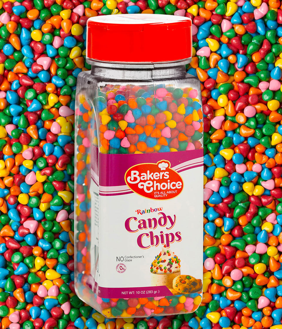 Baker's Choice Rainbow Candy Chips pack shot showing dairy-free and kosher certification.