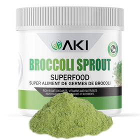 AKI Organic broccoli sprout powder bottle for daily smoothies.