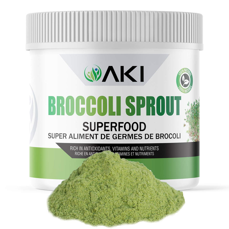 AKI Organic broccoli sprout powder bottle for daily smoothies.