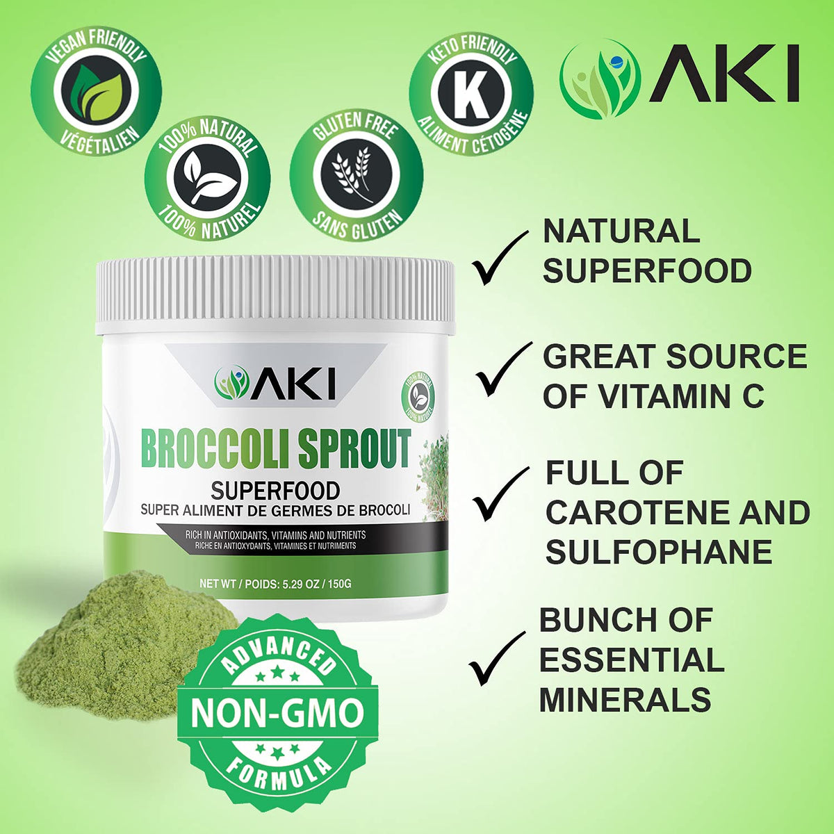 AKI broccoli sprout powder sprinkled on meal bowls and cereals for nutrition.