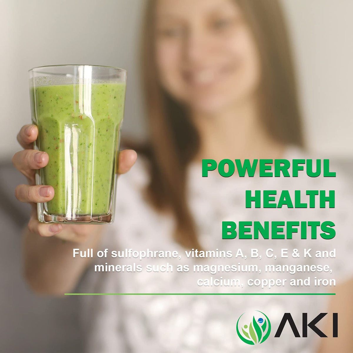 AKI broccoli sprout powder blended into a green smoothie for a vibrant boost.