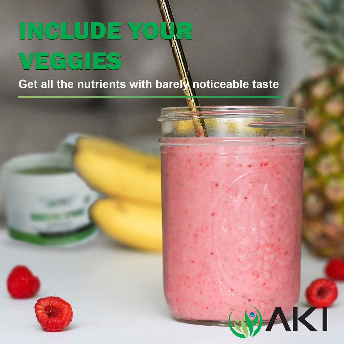 AKI Organic broccoli sprout powder jar label closeup showing non-GMO notes.