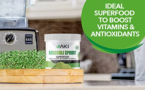 AKI Organic broccoli sprout powder packaging on kitchen counter for easy access.