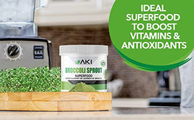 AKI Organic broccoli sprout powder packaging on kitchen counter for easy access.