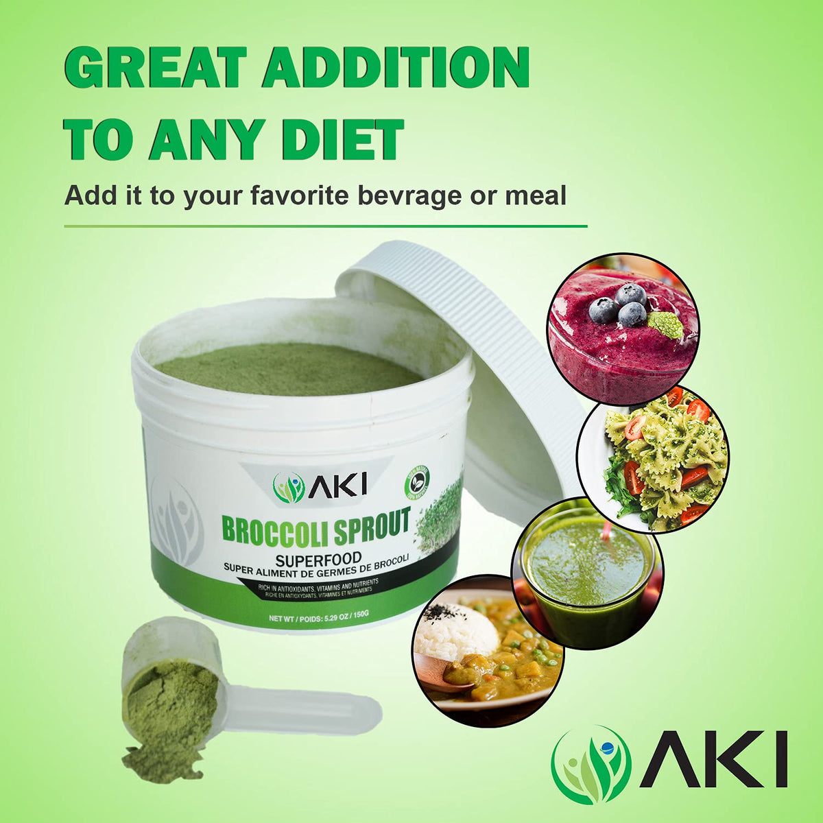 Close-up of AKI broccoli sprout powder texture ideal for smooth blends.