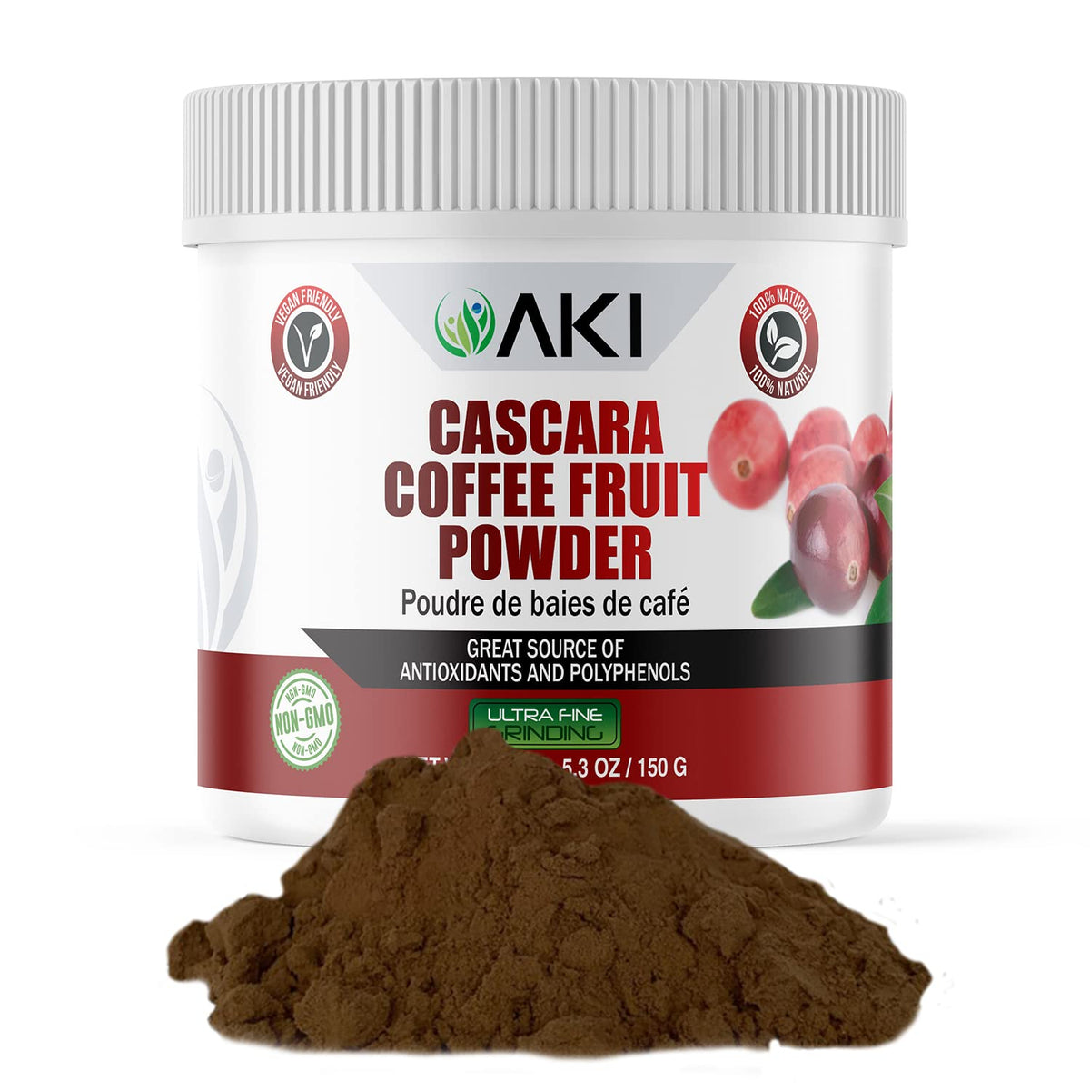 AKI Organic Cascara coffee fruit powder bottle for versatile beverages and baking