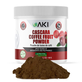 AKI Organic Cascara coffee fruit powder bottle for versatile beverages and baking