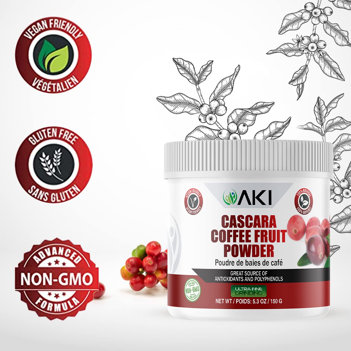 AKI Organic Cascara powder close-up highlighting texture and rich color