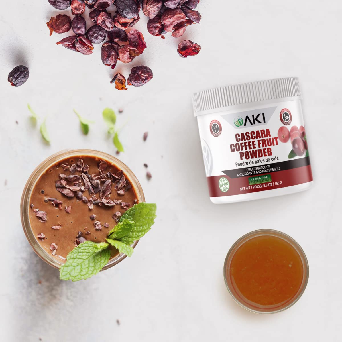 AKI Organic Cascara ingredients list showing non-GMO, vegan, gluten-free attributes