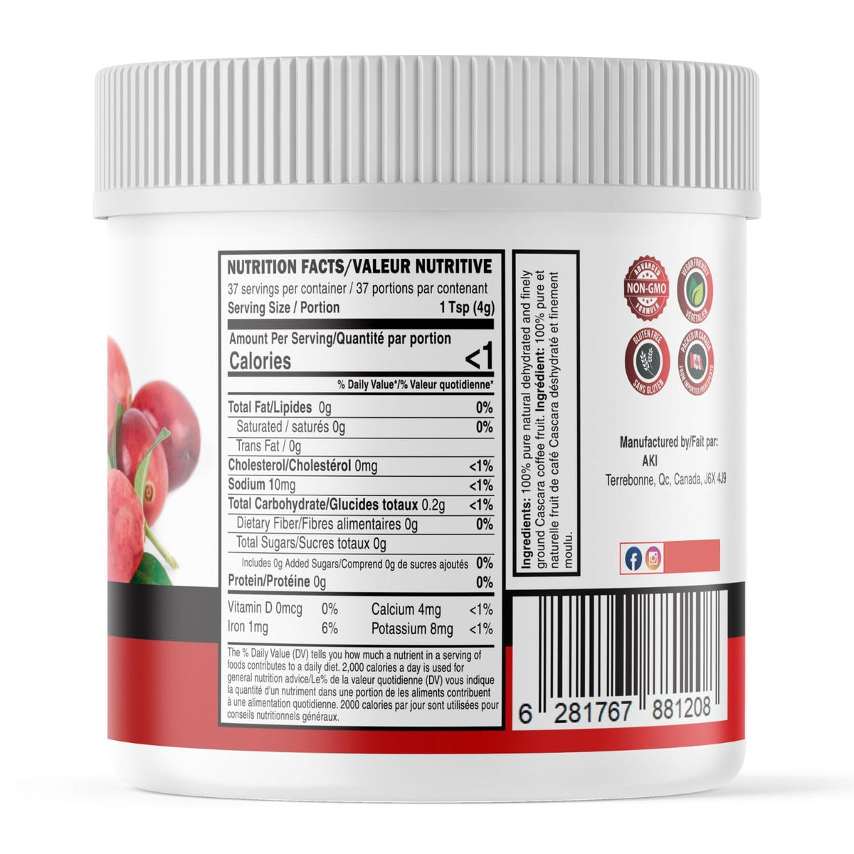 AKI Organic Cascara powder smoothie bowl garnish suggestion for energizing mornings