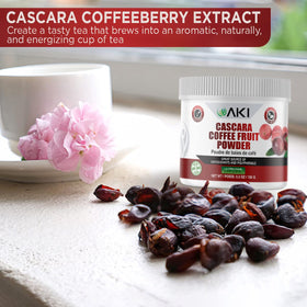 AKI Organic Cascara powder tea cup capturing an aromatic, caffeine-light beverage
