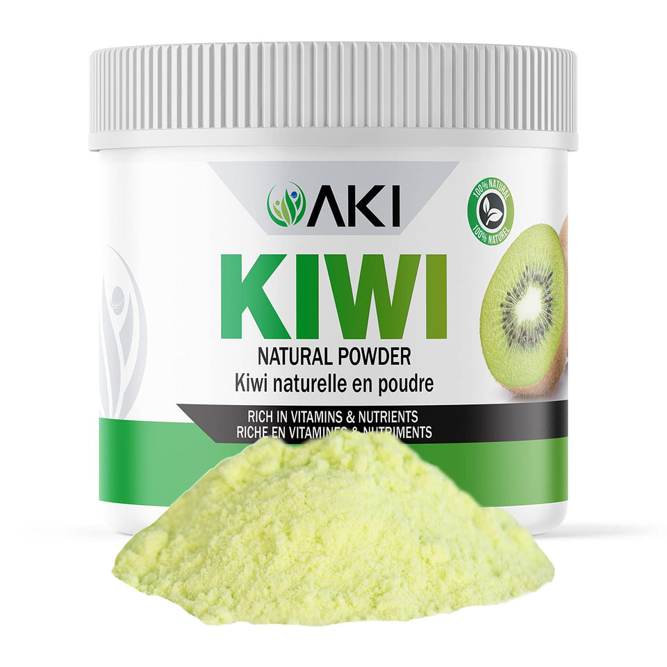 AKI ORGANIC Kiwi Powder bottle shows pale green color ideal for smoothies.