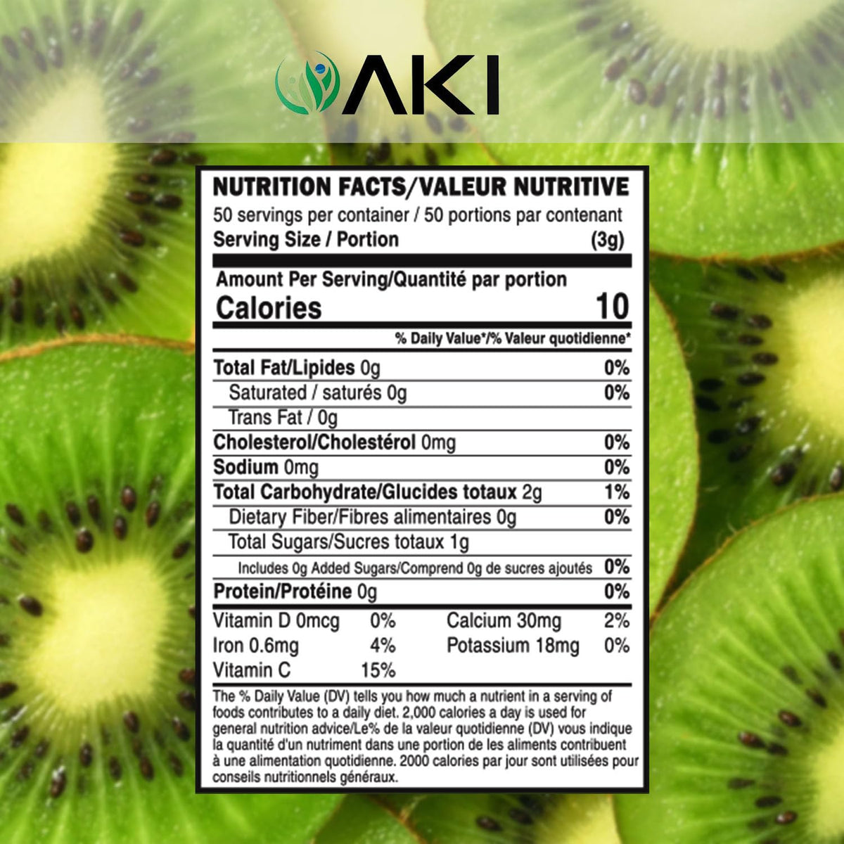 AKI ORGANIC Kiwi Powder jar close-up highlights spray-dried texture preserving nutrients.