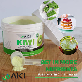AKI ORGANIC Kiwi Powder nutrition note shows vitamin C and fiber content.