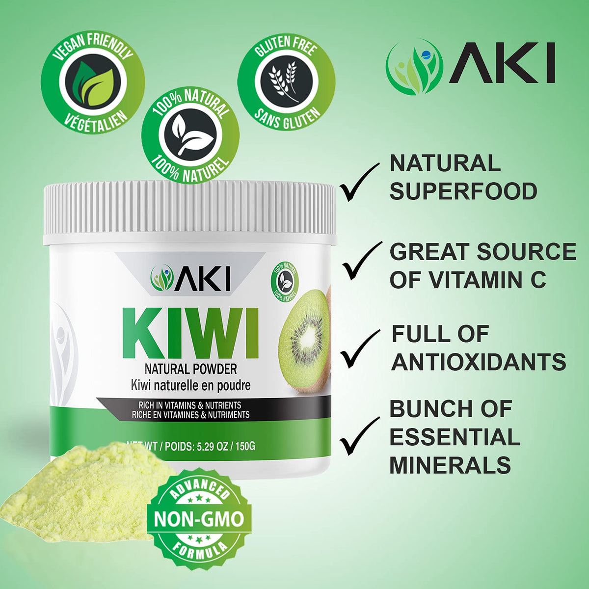 AKI ORGANIC Kiwi Powder texture close-up reveals fine powder for easy mixing.