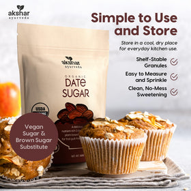 AKSHAR Ayurveda Date Sugar used in baking scenes as a natural brown sugar substitute.