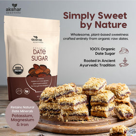 AKSHAR Ayurveda Date Sugar granules close-up reveal fine texture for precise measuring.