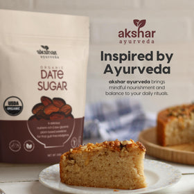AKSHAR Ayurveda Date Sugar ingredients list highlights one-ingredient purity.