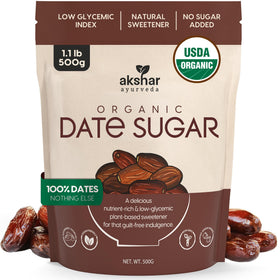 AKSHAR Ayurveda Date Sugar packaging shows 100% organic dates for baking.