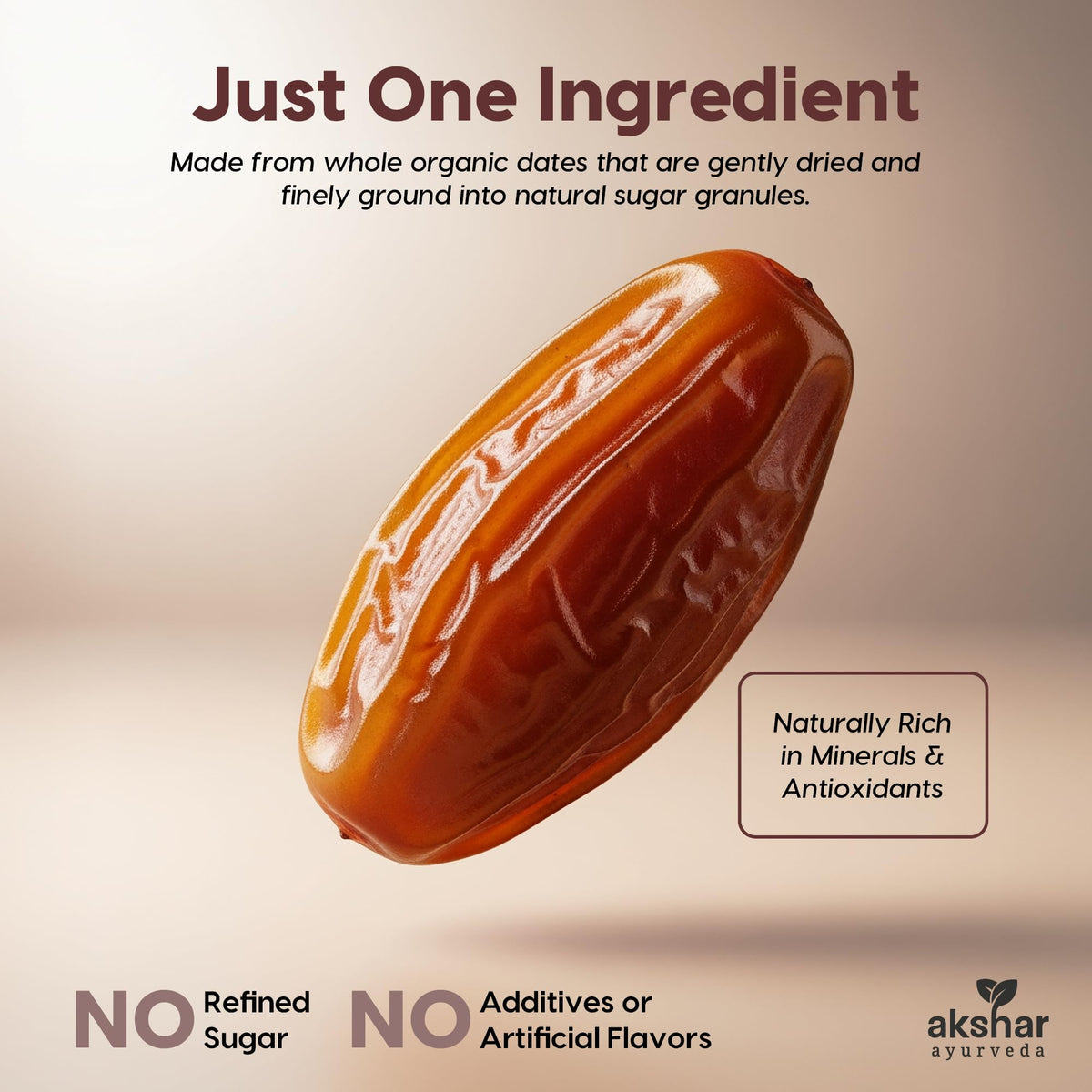 AKSHAR Ayurveda Date Sugar on a spoon over a jar ready for desserts.